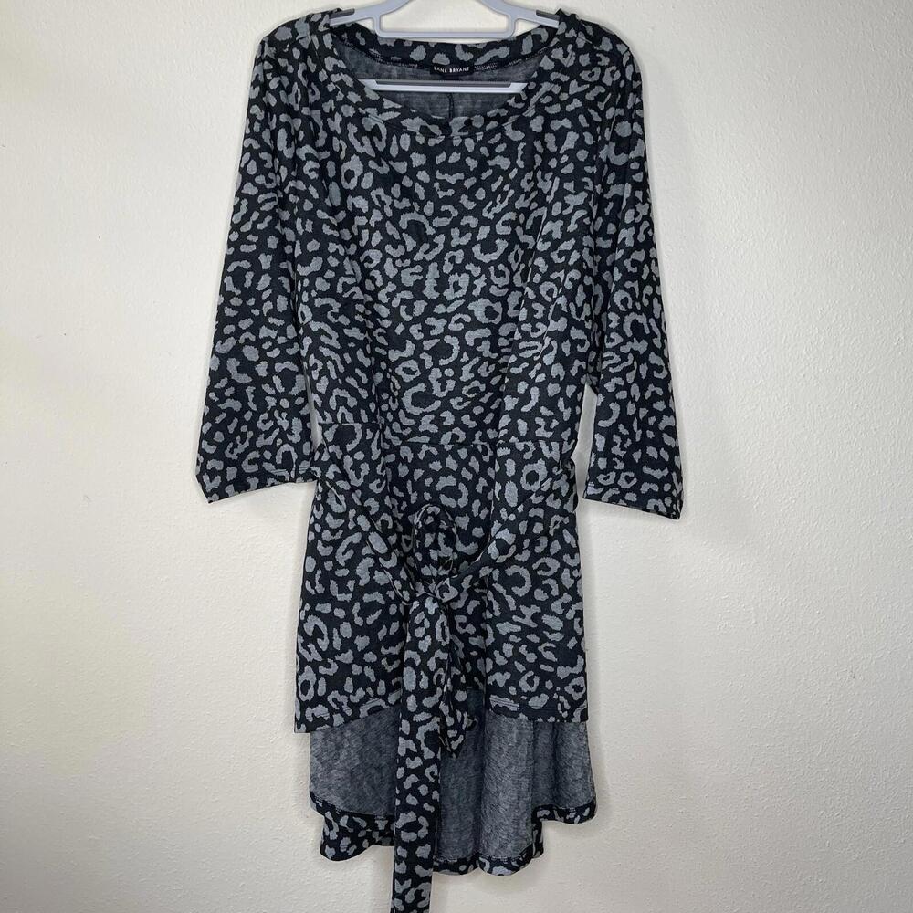 Lane Bryant Mini Dress Womens 22/24 Black Gray Leopard Print Belted Pullover